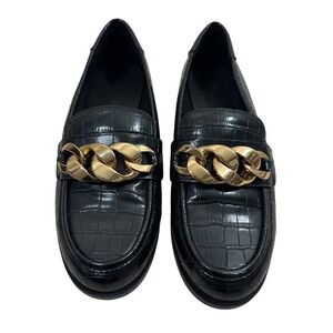 Zara Women's Loafer Black Vegan Leather Croc Chain Gold Embossed Preppy Size 7.5